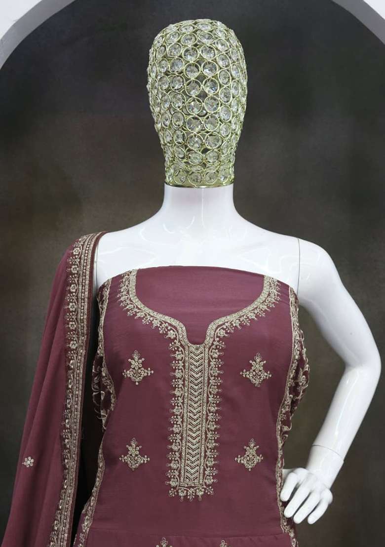 Onion Pink Embroidery Chinon Salwar Suit Set - Indya