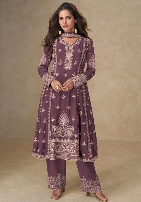 Onion Pink Embroidery Chinon Salwar Suit Set