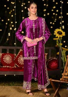 Purple Embroidered Velvet Pakistani Suit Set