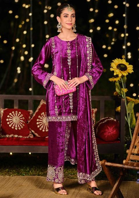 Purple Embroidery Velvet Kurta Set