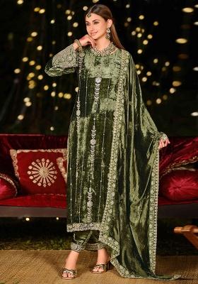 Olive Embroidery Velvet Kurta Set
