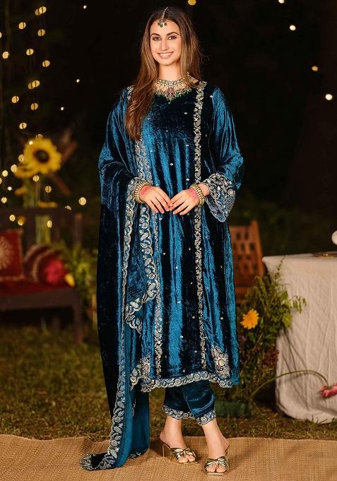 Navy Blue Embroidery Velvet Kurta Set