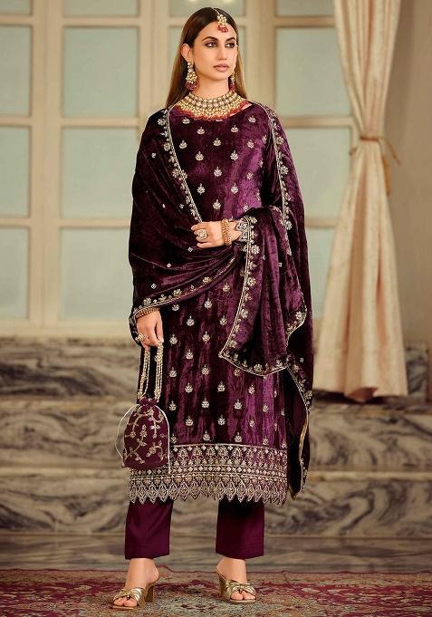 Burgundy Embroidery Velvet Kurta Set