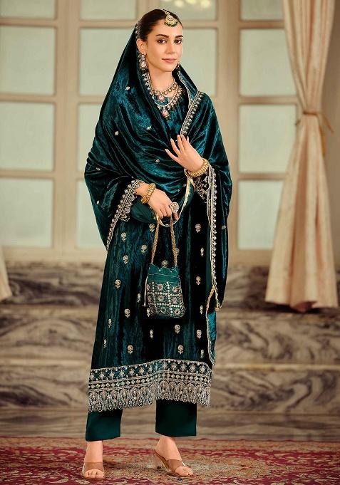 Teal Embroidery Velvet Kurta Set