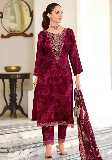 Magenta Embroidery Pashmina Kurta Set