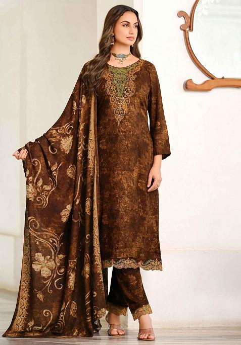 Brown Embroidery Pashmina Kurta Set