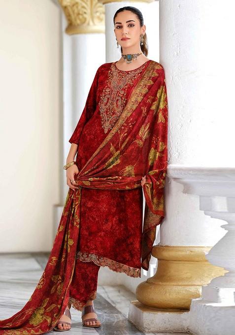 Red Embroidery Pashmina Kurta Set