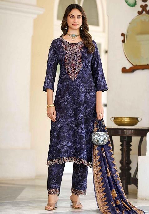 Navy Blue Embroidery Pashmina Kurta Set