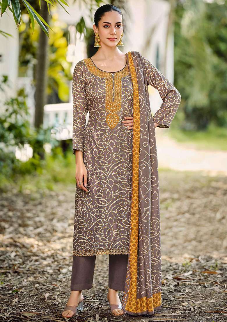 Brown Printed Pashmina Kurta Set - Indya
