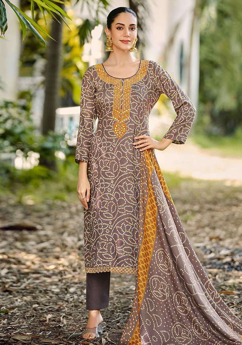 Brown Printed Pashmina Kurta Set - Indya