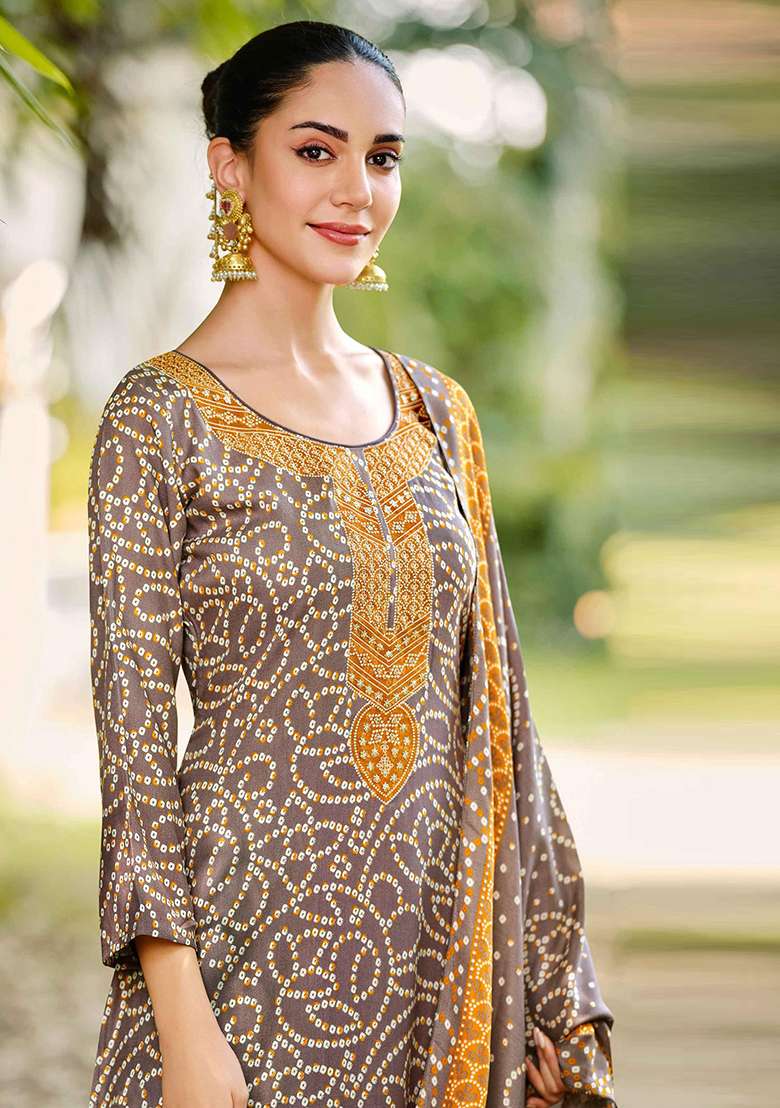 Brown Printed Pashmina Kurta Set - Indya