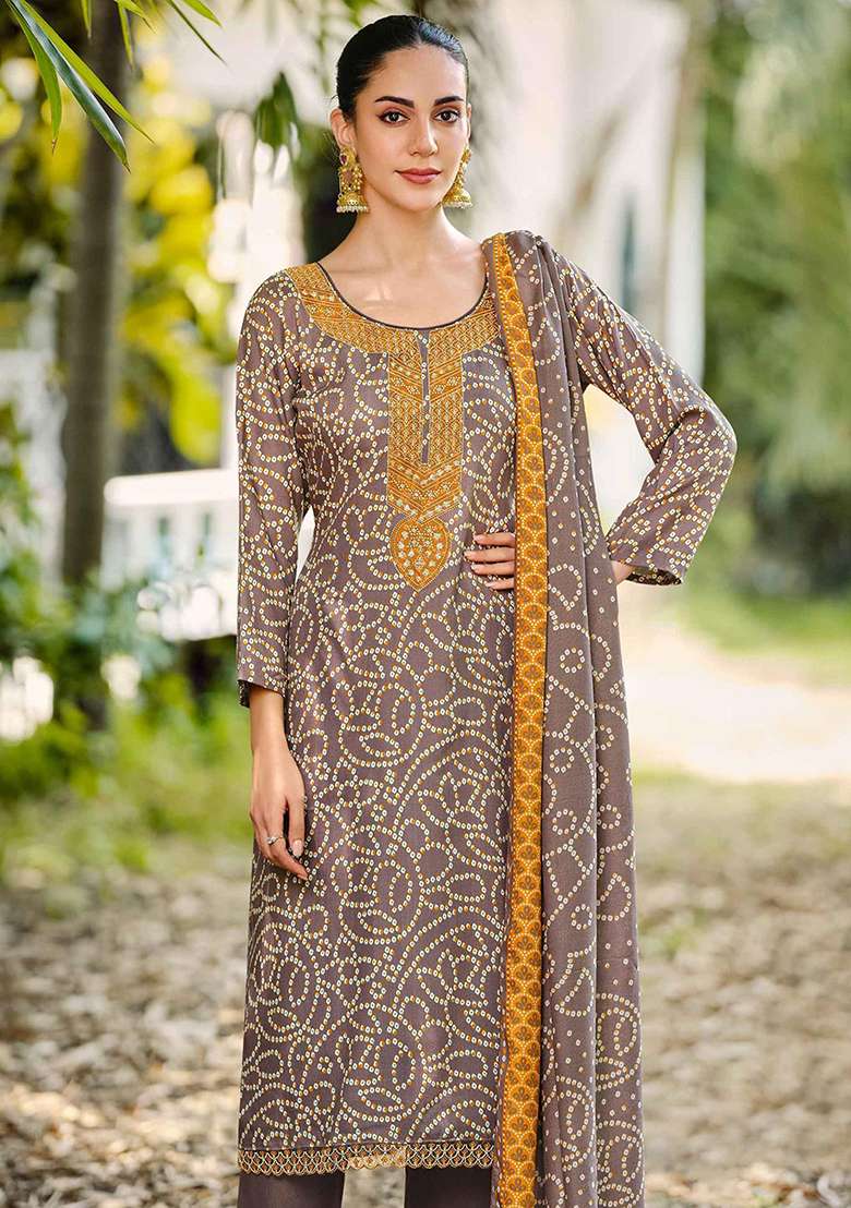 Brown Printed Pashmina Kurta Set - Indya