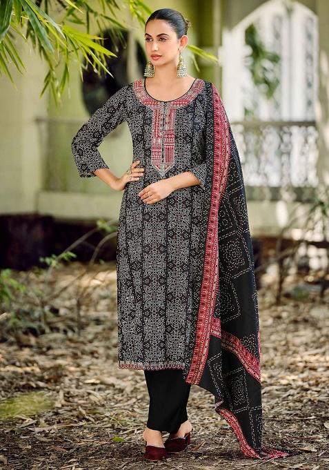 Black Printed Pashmina Kurta Set