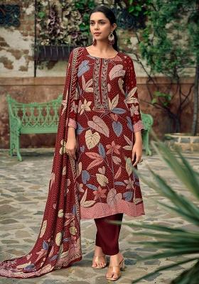 Maroon Printed Blended Pakistani Suit Set