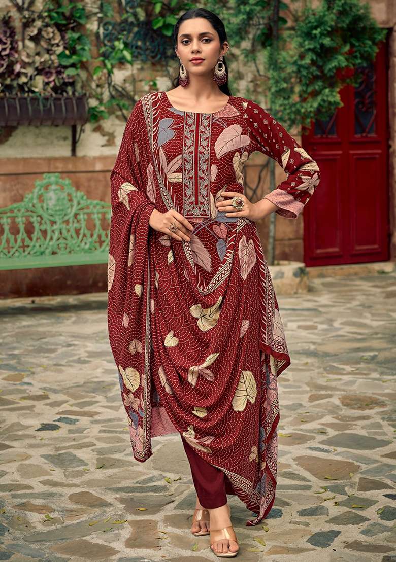 Maroon Printed Blended Pakistani Suit Set - Indya