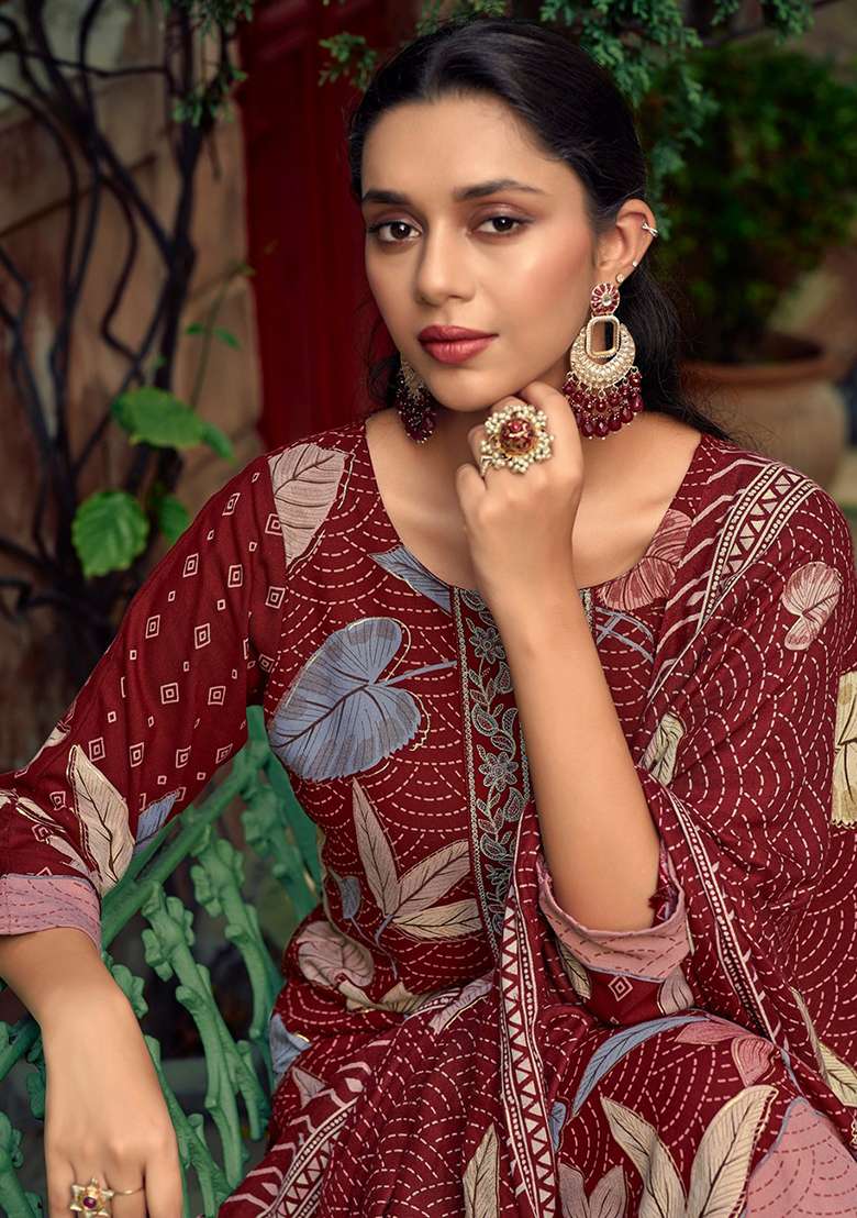 Maroon Printed Blended Pakistani Suit Set - Indya