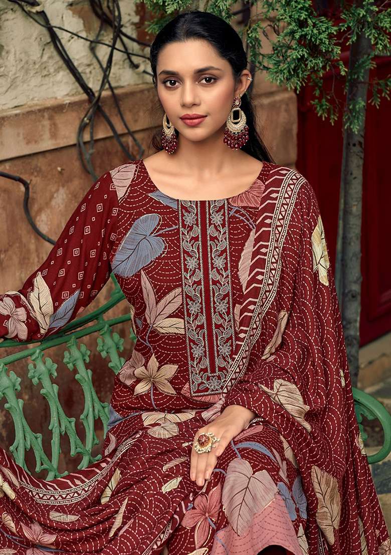 Maroon Printed Blended Pakistani Suit Set - Indya
