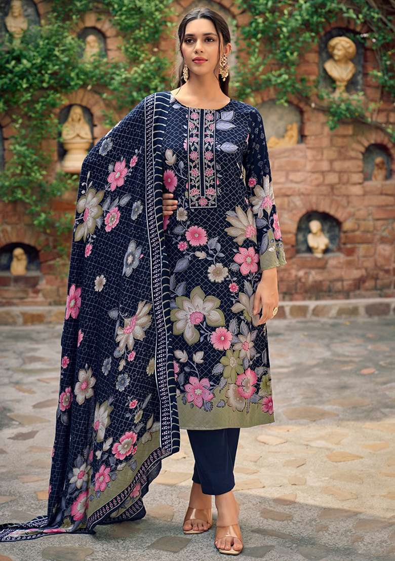 Navy Blue Printed Pashmina Kurta Set - Indya