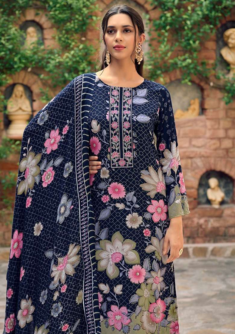 Navy Blue Printed Pashmina Kurta Set - Indya