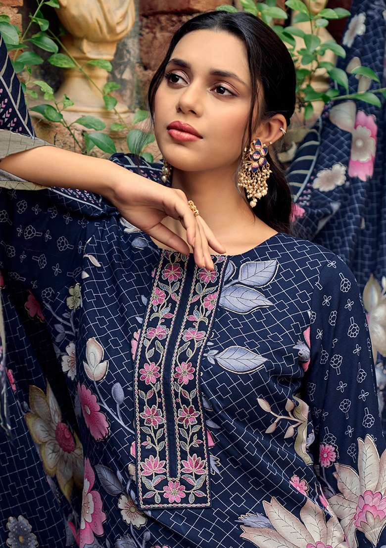 Navy Blue Printed Pashmina Kurta Set - Indya