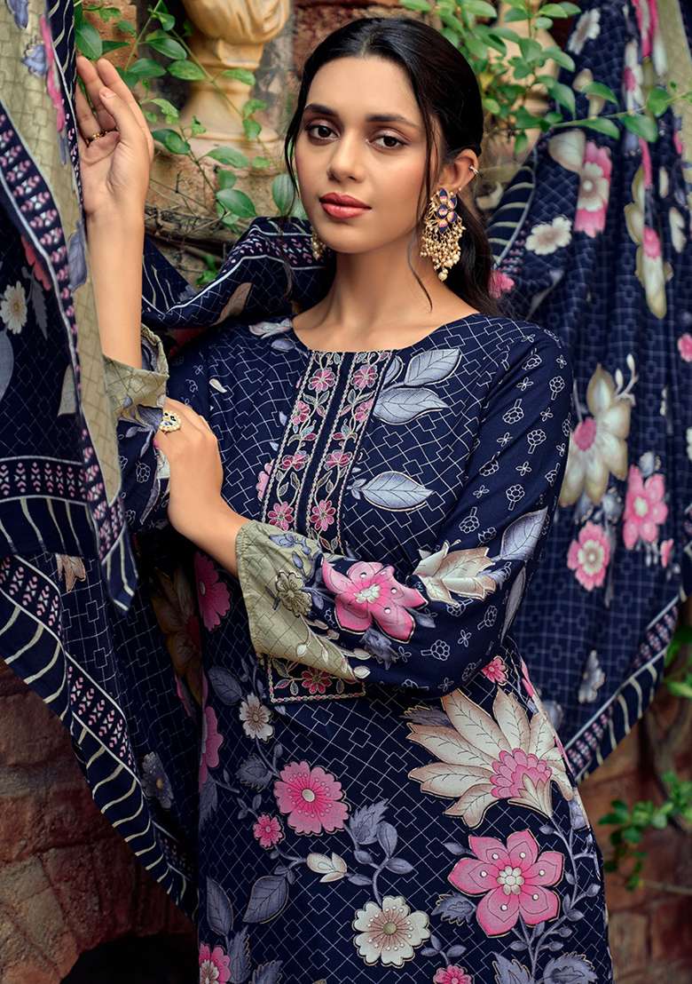 Navy Blue Printed Pashmina Kurta Set - Indya