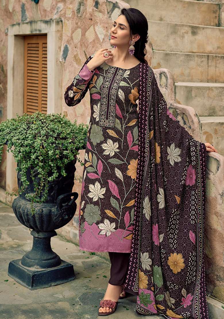Brown Embroidered Blended Pakistani Suit Set - Indya