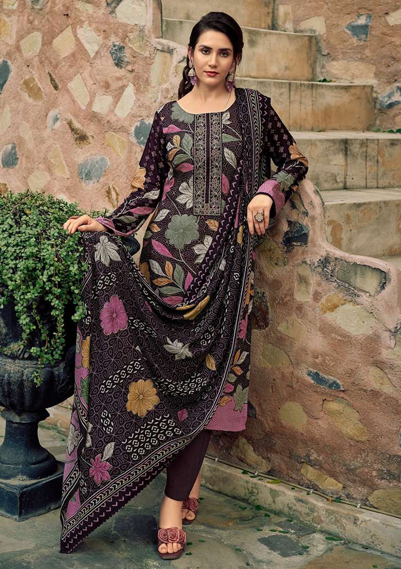 Brown Embroidered Blended Pakistani Suit Set - Indya