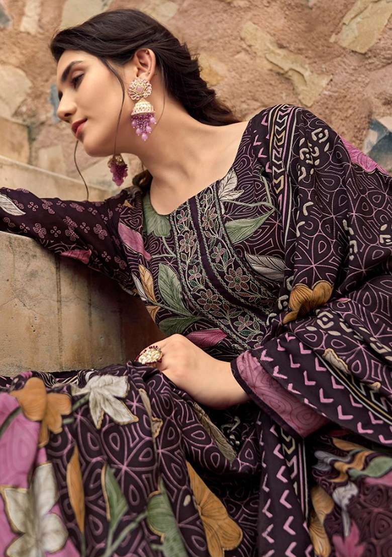 Brown Embroidered Blended Pakistani Suit Set - Indya