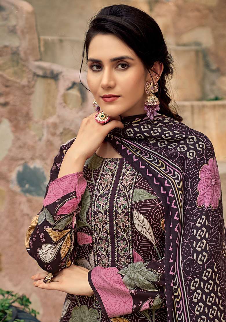 Brown Embroidered Blended Pakistani Suit Set - Indya