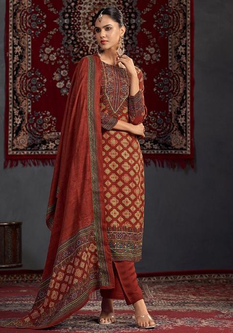 Maroon Printed Pashmina Kurta Set