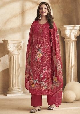 Red Floral Print Georgette Straight Kurta Set