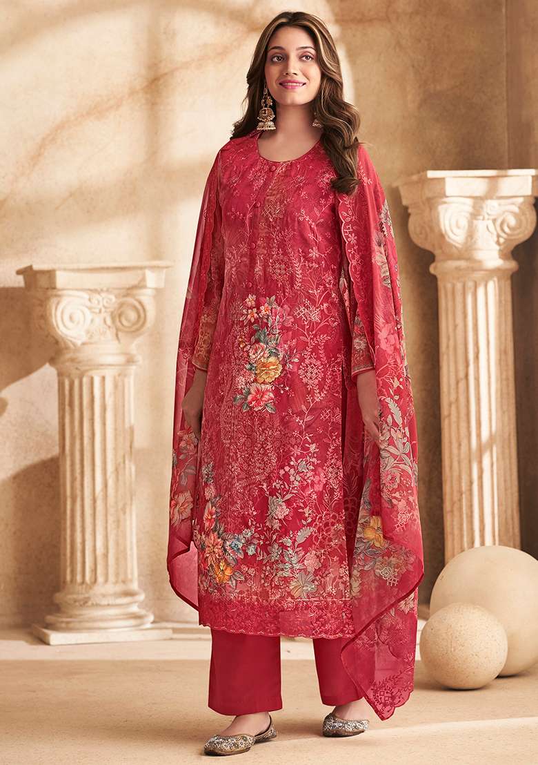 Red Floral Print Georgette Straight Kurta Set - Indya