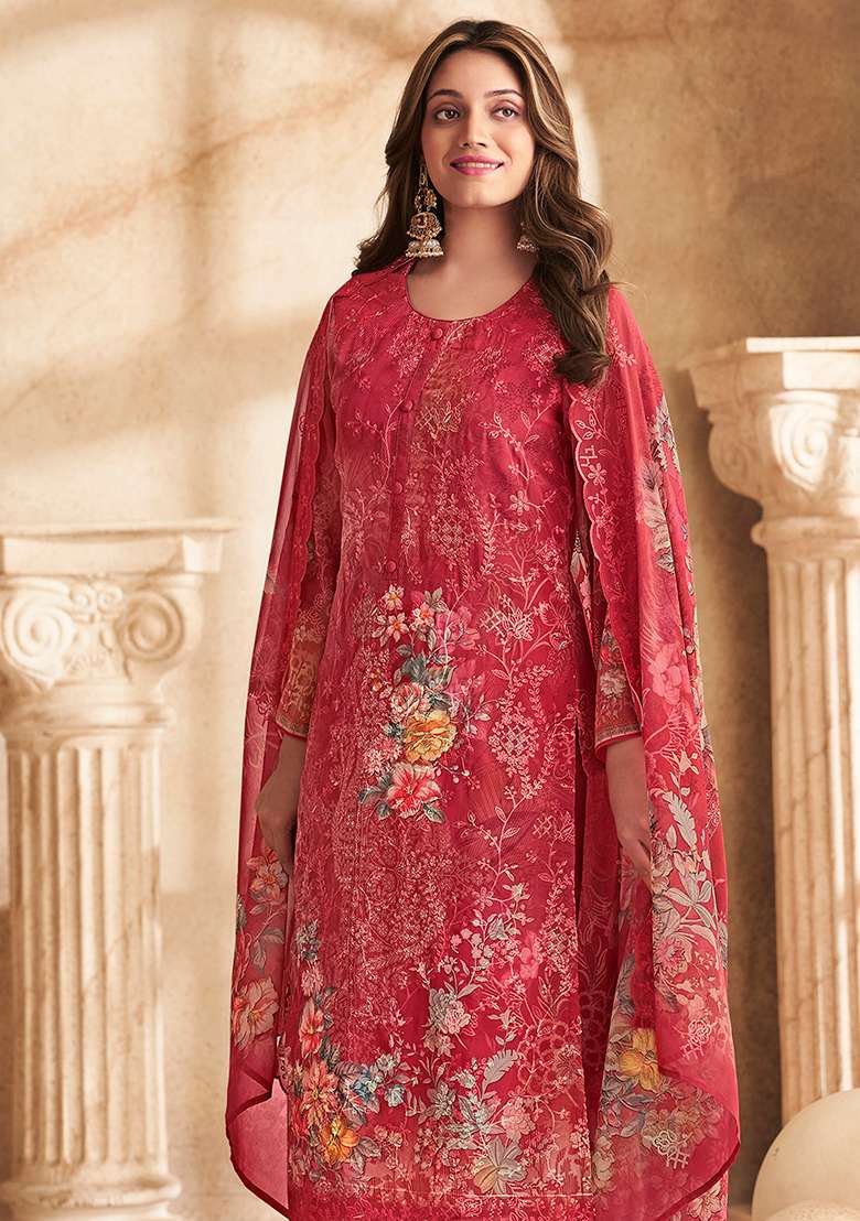 Red Floral Print Georgette Straight Kurta Set - Indya