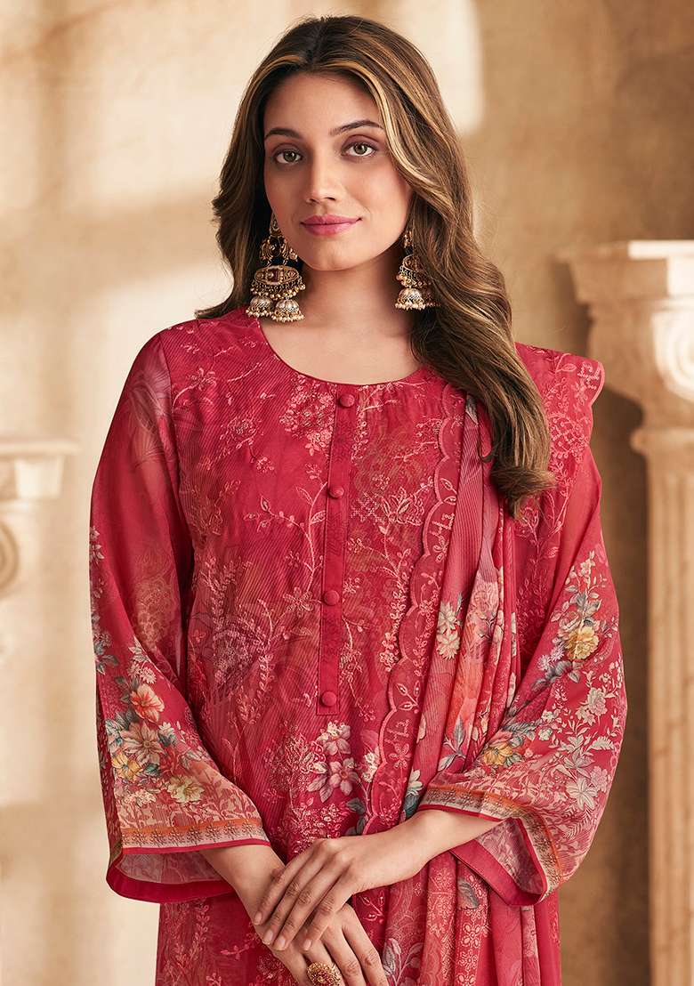 Red Floral Print Georgette Straight Kurta Set - Indya