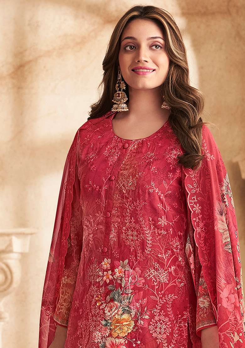 Red Floral Print Georgette Straight Kurta Set - Indya
