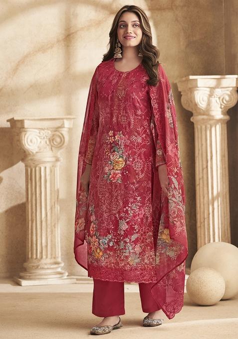 Red Printed Georgette Kurta Set