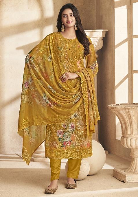 Mustard Printed Georgette Kurta Set