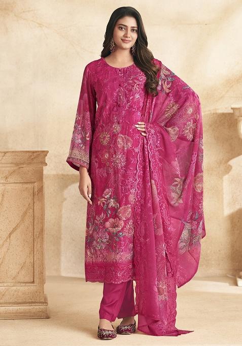 Magenta Printed Georgette Kurta Set