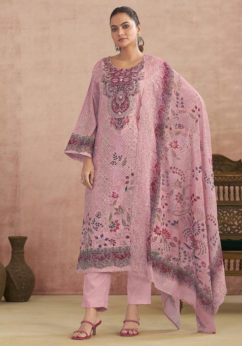 Pink Printed Cotton Blend Kurta Set