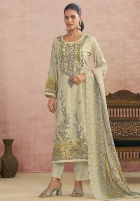 Cream Printed Cotton Blend Kurta Set
