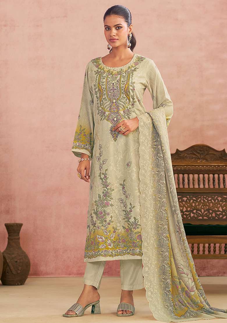 Cream Embroidered Blended Pakistani Suit Set - Indya