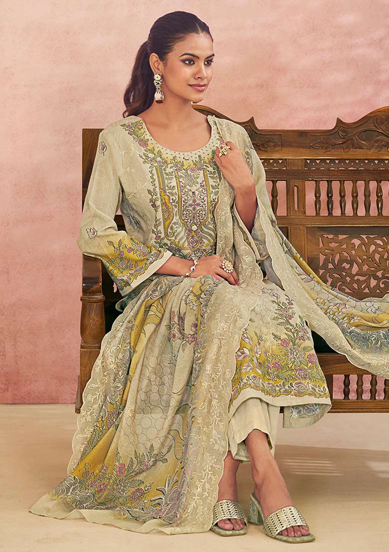 Cream Embroidered Blended Pakistani Suit Set - Indya