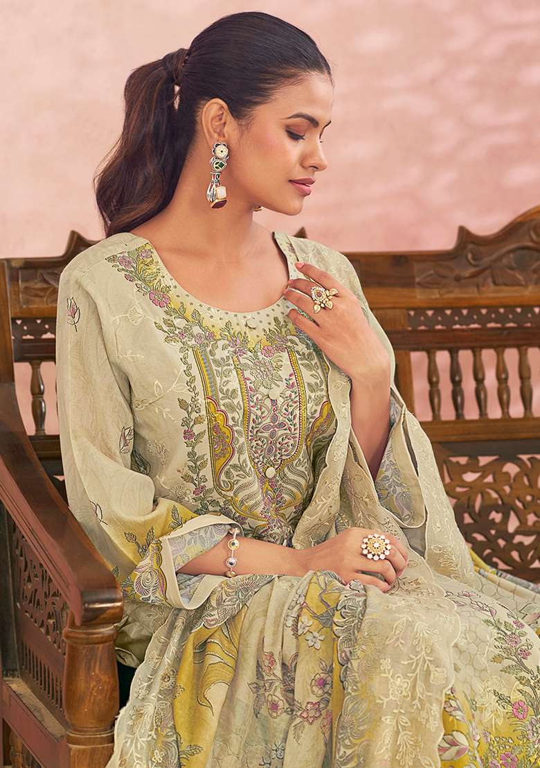 Cream Embroidered Blended Pakistani Suit Set - Indya