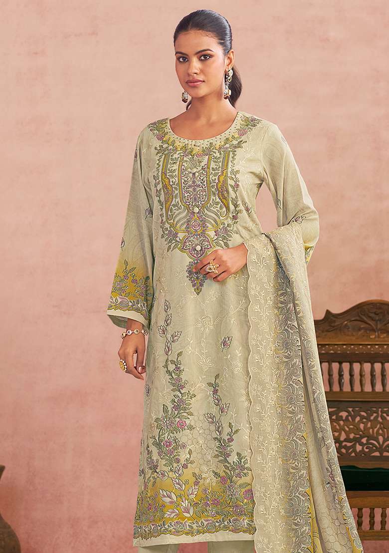 Cream Embroidered Blended Pakistani Suit Set - Indya