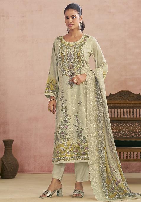 Cream Printed Cotton Blend Kurta Set