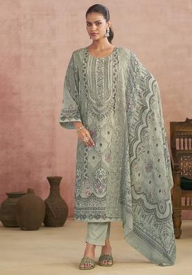 Grey Printed Cotton Blend Kurta Set