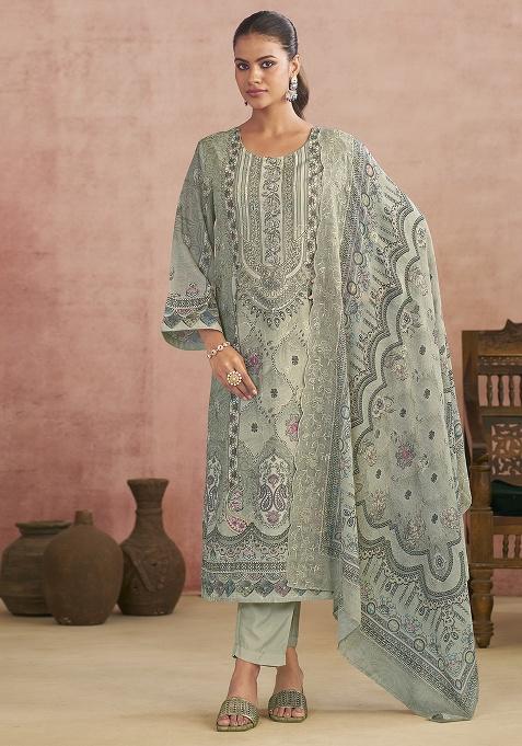 Grey Printed Cotton Blend Kurta Set