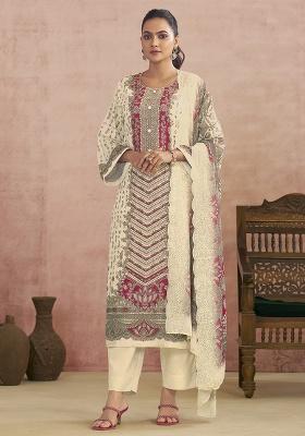 Off White Printed Cotton Blend Kurta Set