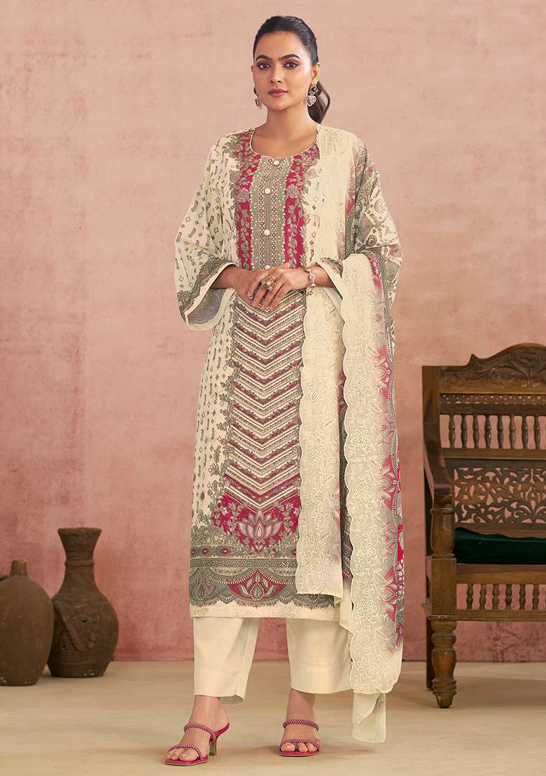 Off White Printed Cotton Pakistani Suit Set - Indya