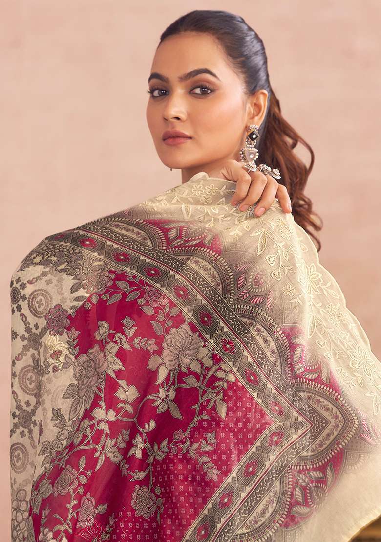 Off White Printed Cotton Pakistani Suit Set - Indya